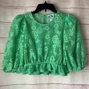 Future Collective Green Lace Peplum Crop Top Blouse Puff Sleeves Size S